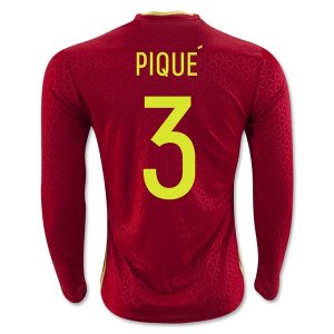 Spain Home Soccer Jersey 2016 PIQUE #3 LS