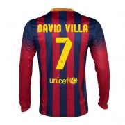 13-14 Barcelona #7 David Villa Home Long Sleeve Soccer Jersey Shirt